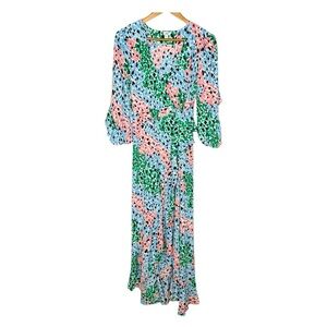 River Island Ruffled Abstract-Print Pastel High-Low V-Neck Wrap Dress. Size 12.